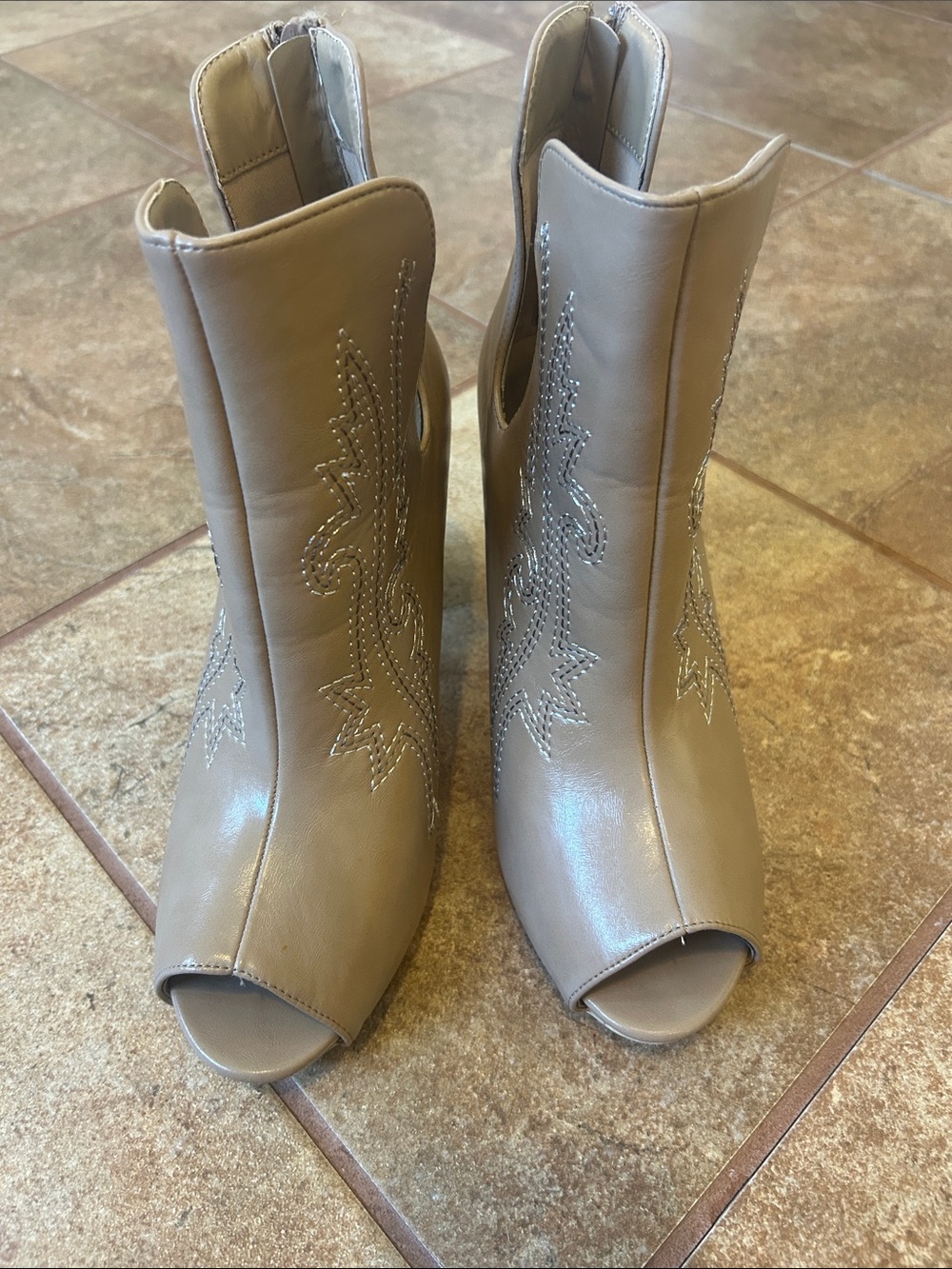 Women’s Taupe Peep-Toe boot stitch Embroidered high heeeled ankle boot